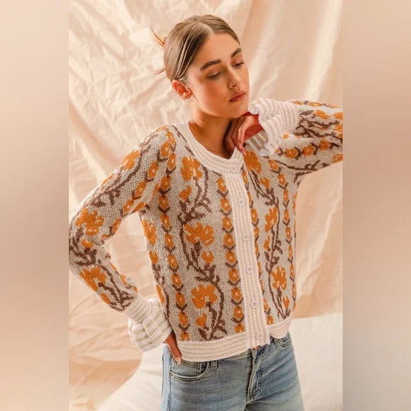 Beige and Burnt Orange Boho Floral Intarsia Knit button up Cardigan Sweater - Picture 3 of 6